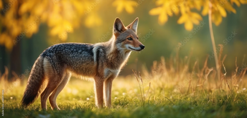 Poster a close up of a small animal in a field of grass with trees in the background and sunlight shining t