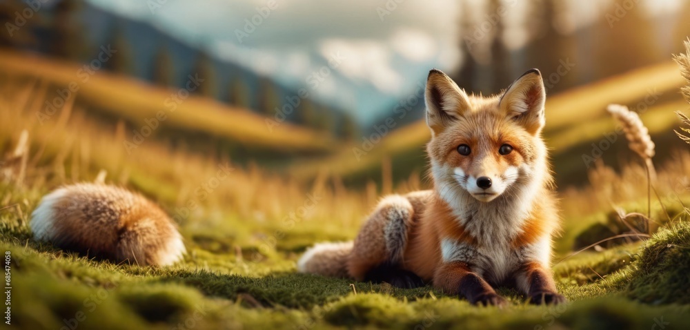 Poster a close up of a fox laying on a field of grass with a mountain in the background with clouds in the 