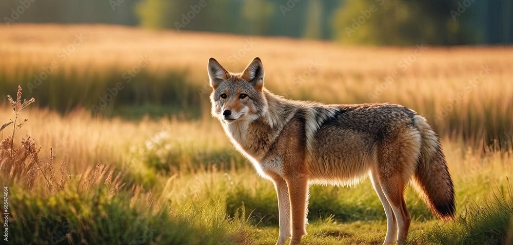 Poster a lone wolf standing in the middle of a grassy field with tall grass in the foreground and a field o