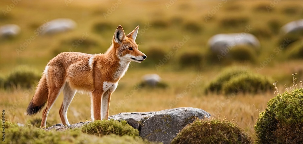 Poster  a red fox stands on a rock in a grassy field with rocks in the background and grass and rocks in the foreground, and grass and rocks in the foreground.