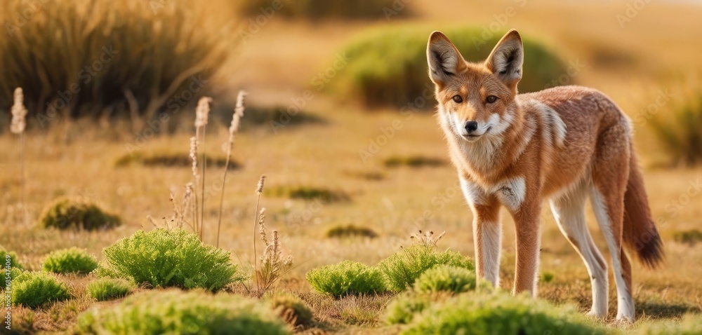 Poster a close up of a small animal in a field of grass with bushes in the background and bushes in the for