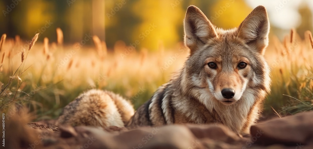 Poster a close up of a wolf laying in a field of grass with trees in the back ground and a blurry backgroun