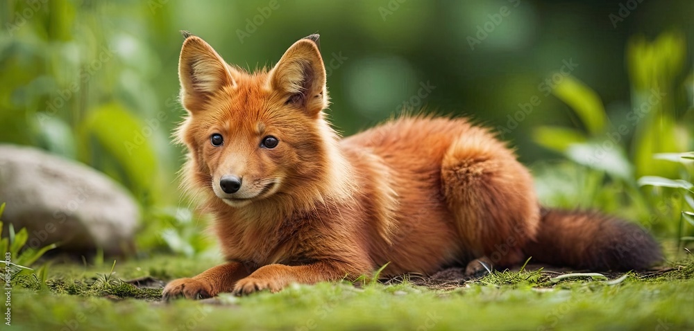 Poster  a close up of a small fox laying in a field of grass with a rock in the foreground and a tree in the back ground in the foreground.