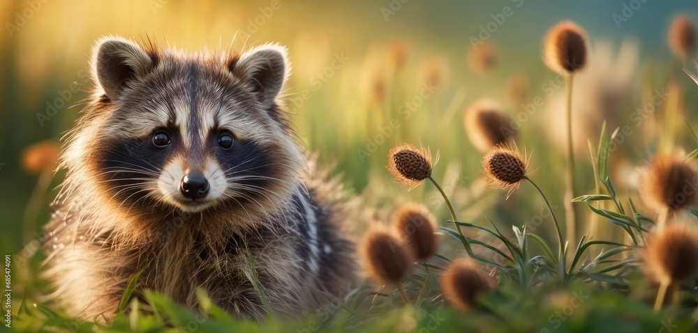 Poster a close up of a raccoon in a field of grass with dandelions in the foreground and a blurry backgroun