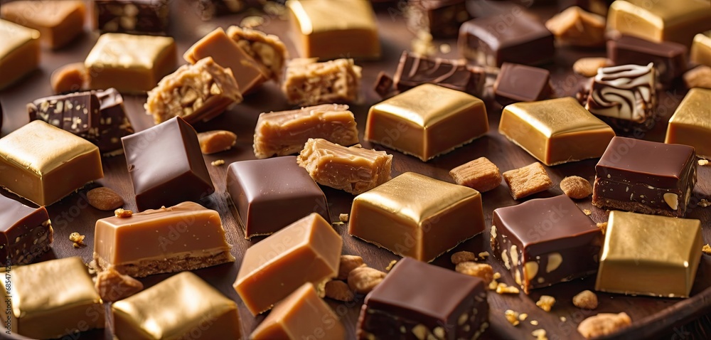 Aufkleber a close up of a plate of chocolates with nuts on the side of the plate and on the side of the plate 