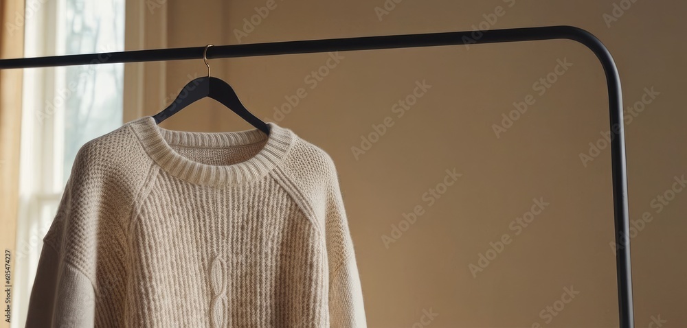 Aufkleber a sweater hanging on a clothes rack in front of a window with a window sill to the side of the room 