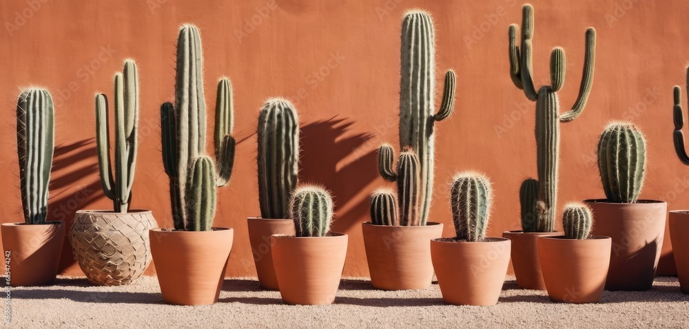 Poster a row of potted cacti in front of a wall with a shadow of a cactus in the middle of the row of the p