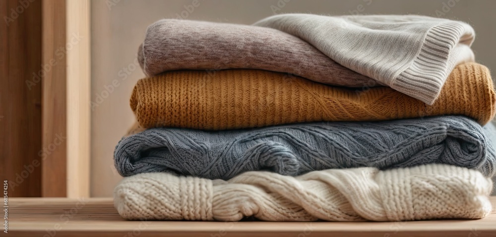 Aufkleber a stack of sweaters sitting on top of a wooden table next to a wooden window sill with a window sill