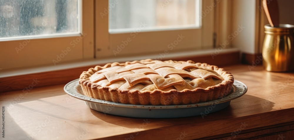 Aufkleber a close up of a pie on a plate on a table in front of a window with a potted plant in the foreground