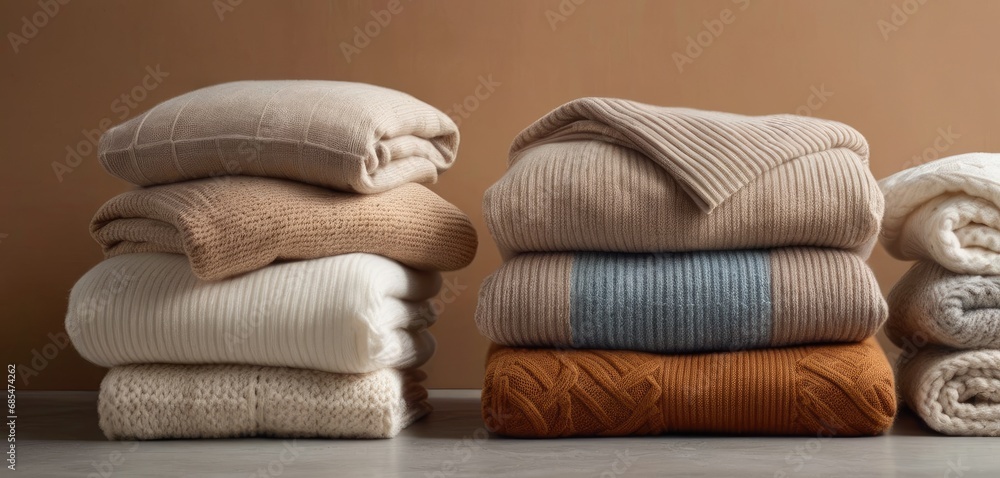 Poster a pile of blankets and blankets sitting next to each other on top of a wooden table with a brown wal