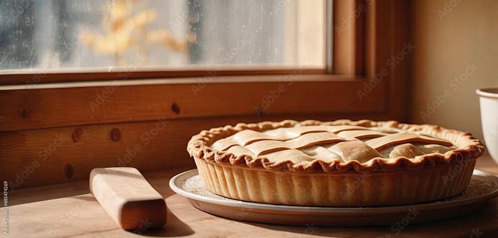 Aufkleber a close up of a pie on a plate near a cup of coffee and a spoon on a table next to a window with rai