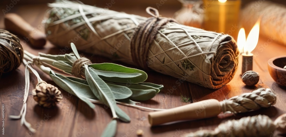 Poster a wooden table topped with candles and wrapped in twine and wrapped in twine and wrapped in twine an