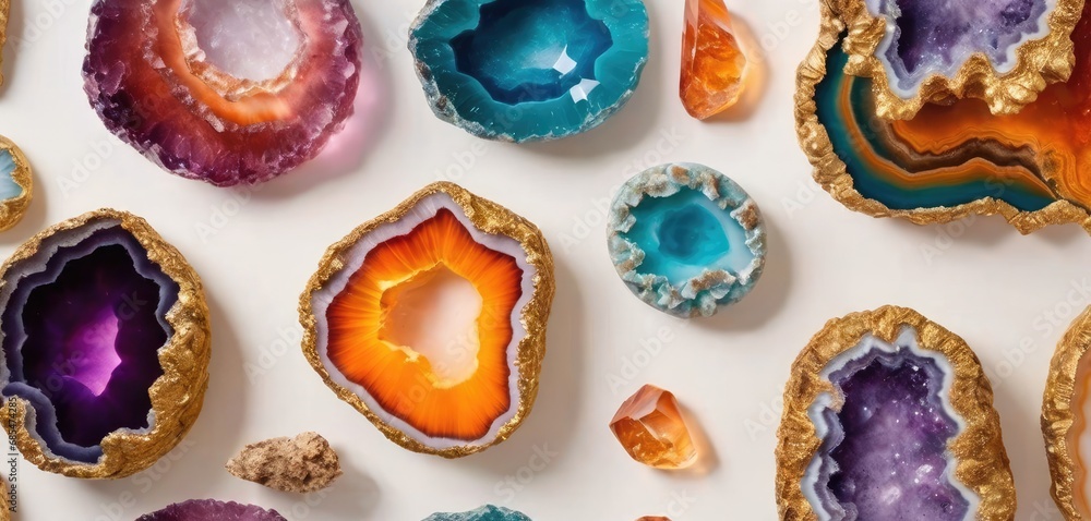 Poster a group of colorful rocks sitting next to each other on a white surface with lots of different color