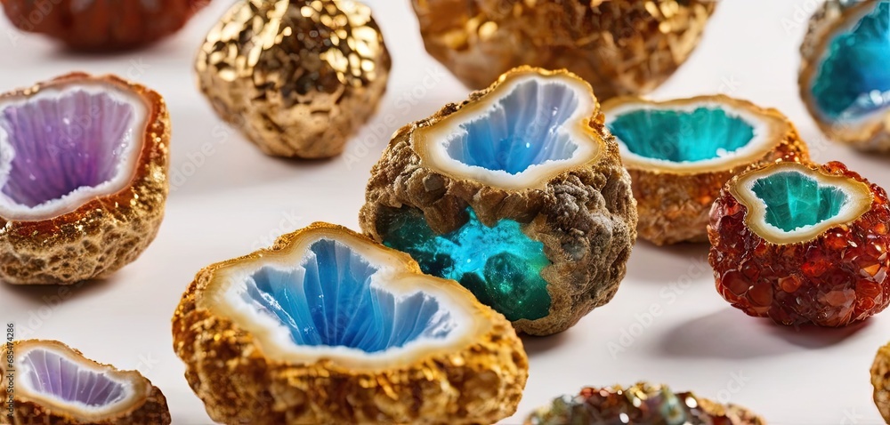 Poster a group of different colored rocks sitting on top of a white table next to each other on top of a wh