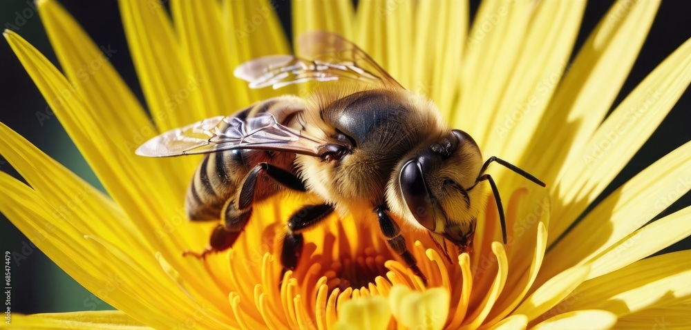 Poster a close up of a bee on a flower with another bee in the middle of the flower and a third bee in the 