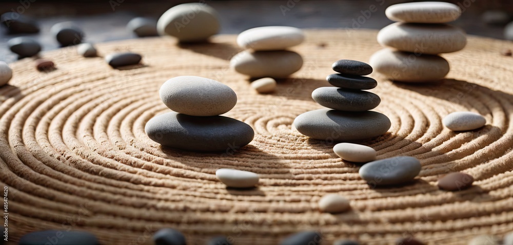 Poster a group of rocks stacked on top of each other on top of a wooden table with a spiral design made of 
