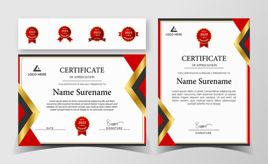 Certificate of appreciation template, red and gold color. Clean modern certificate with gold badge