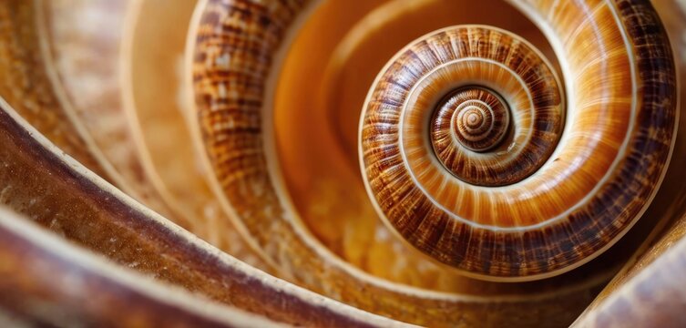  a close up of a spiral shell, with its intricate details of its spiral shape clearly visible The shell is a light brown color with a glossy finish, and its spiral 