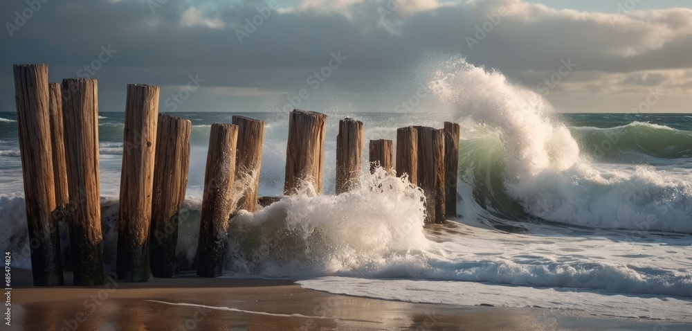 Poster a bunch of wooden posts sticking out of the water next to a beach with waves crashing on the shore a