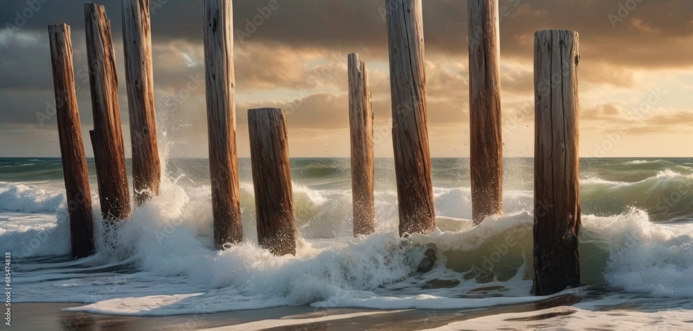Poster a group of wooden posts sticking out of the ocean next to a beach with waves crashing on the shore a