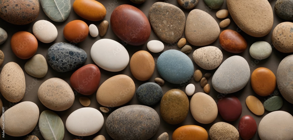 Poster a close up of a bunch of rocks with different colors and sizes of rocks on top of one another and a 