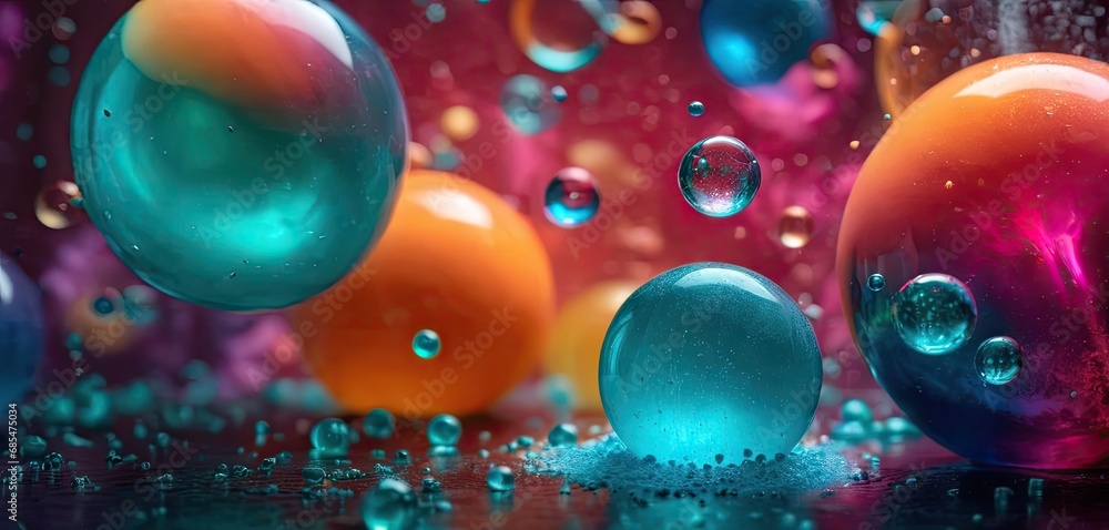 Aufkleber a group of colorful balls floating on top of a puddle of water in front of a red and blue background