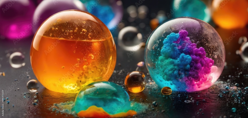Poster a group of different colored balls sitting next to each other on top of a black surface with drops o
