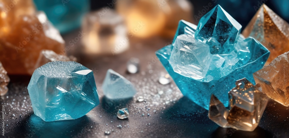 Poster a group of ice cubes sitting on top of a table next to each other with drops of water on top of the 