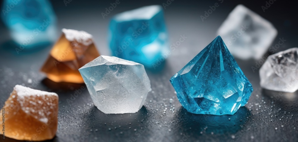 Aufkleber a group of ice cubes sitting on top of a black table next to each other on a black surface with drop