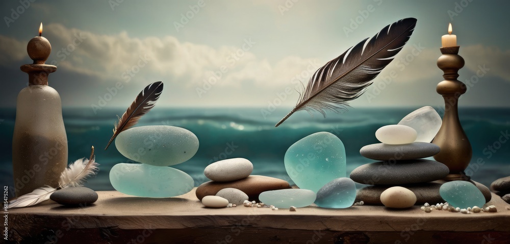 Poster a wooden table topped with lots of rocks and a feather sitting on top of a pile of rocks next to a c