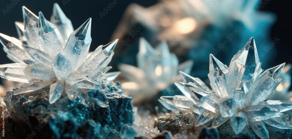 Poster a close up of a cluster of ice crystals on a rock with a blurry background of lights in the backroun