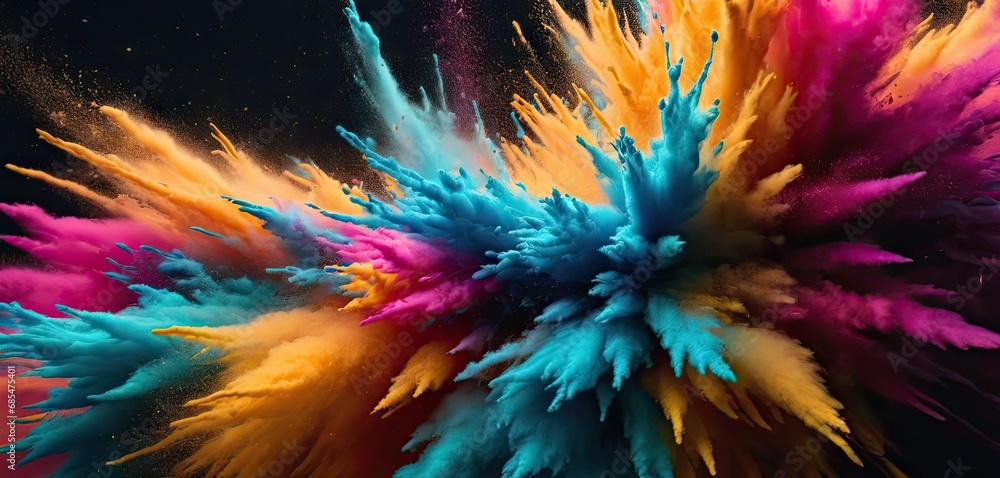 Poster a multicolored explosion of colored powder on a black background with space for a text or an image t