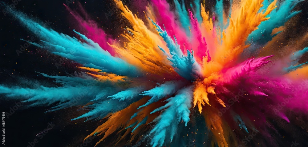 Poster a colorful explosion of colored powder in the shape of a flower on a black background with space for