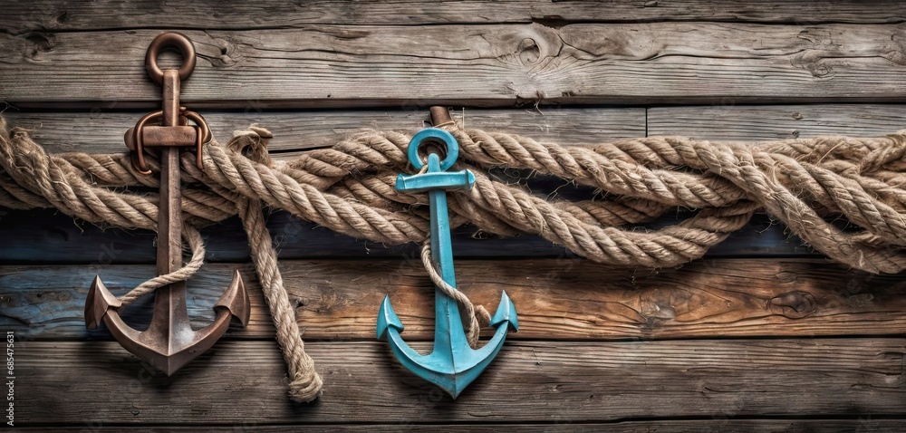 Poster a close up of a rope with an anchor and a hook on the side of a wooden wall with a knot on the side 
