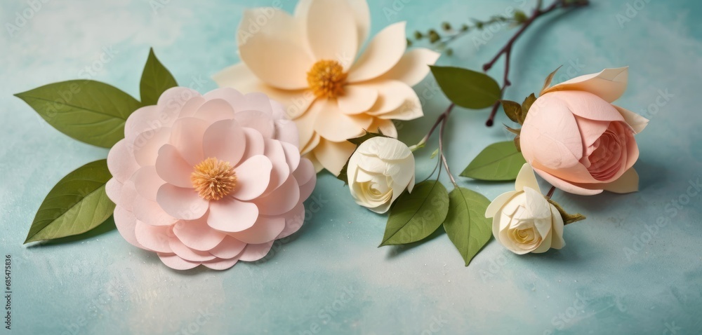 Poster a group of paper flowers sitting on top of a blue table next to a twig of twig of twig of twig with 