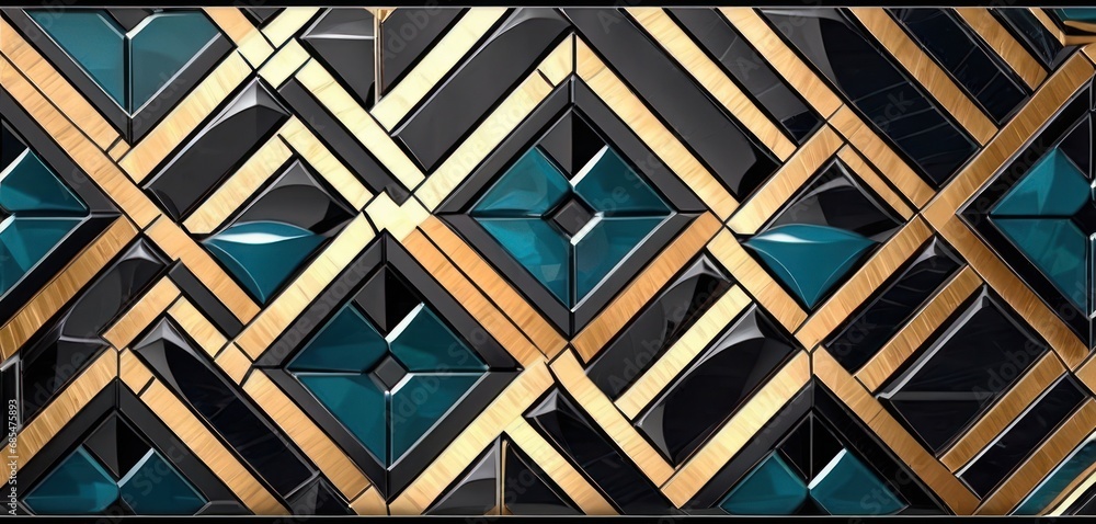 Aufkleber a picture of a wall made up of many different shapes and sizes of squares and rectangles in gold, bl