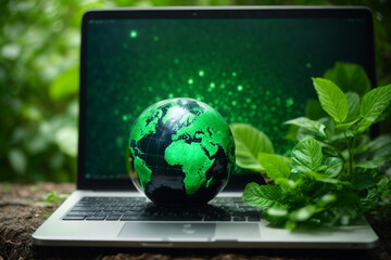 Technology with nature concept. Laptop keyboard with Earth on it