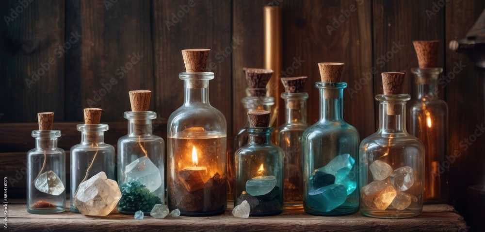 Poster a table topped with lots of glass bottles filled with different types of rocks and rocks inside of g