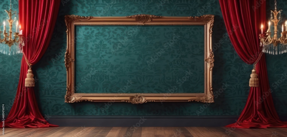 Poster an empty picture frame in front of a green wall with red drapes and a chandelier in a room with a wo