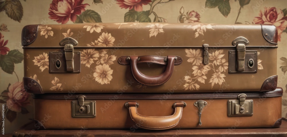 Poster two suitcases stacked on top of each other on a table with a flowered wallpaper behind them and a pa