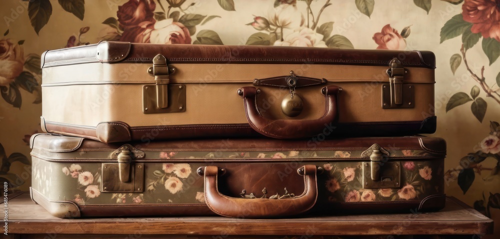 Poster three suitcases stacked on top of each other on a wooden table in front of a wall with a flowered wa