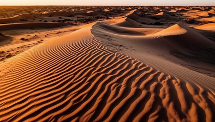 Landscape photography of a golden brown desert sand with wavy sand dune and no clouds