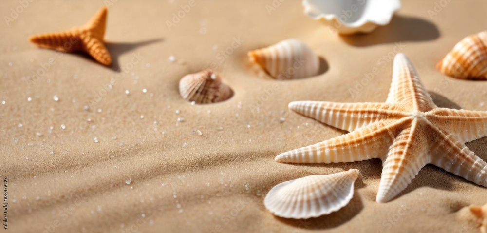 Poster a group of starfishs and seashells laying on a sandy beach with a shell in the foreground and a shel