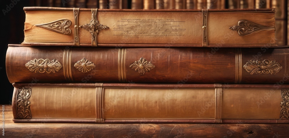 Poster a stack of three brown books sitting on top of a wooden table in front of a bookshelf with a poem wr
