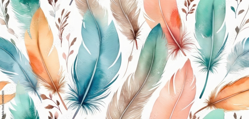 Poster a bunch of colorful feathers that are on a white background with a blue, orange, and green feather p