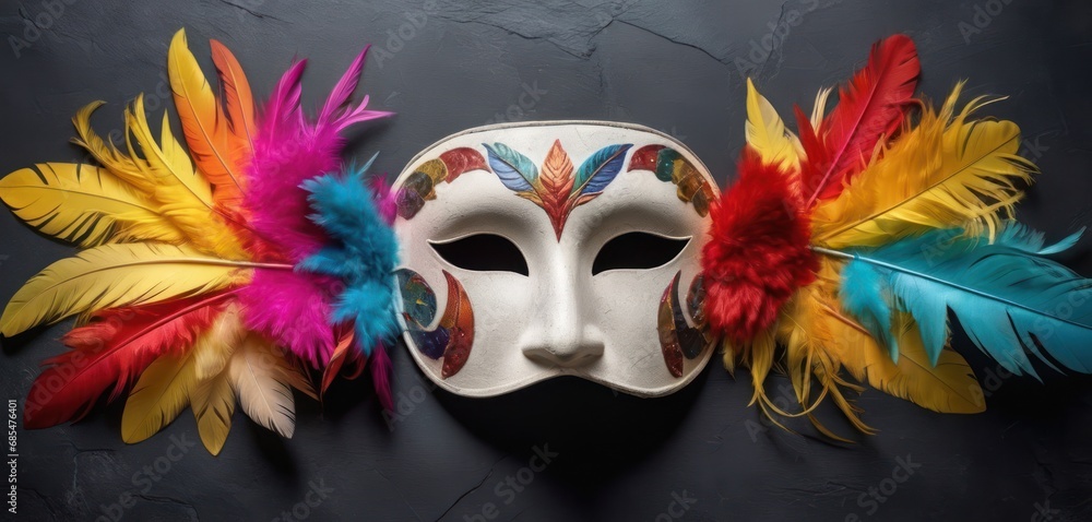 Poster a masquerade mask with colorful feathers on a dark background with copy space for a message or a mes