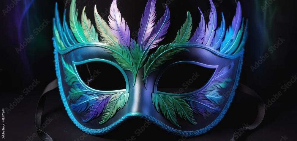 Poster a close up of a colorful mask with feathers on it's face and a ribbon around the bottom of the mask,