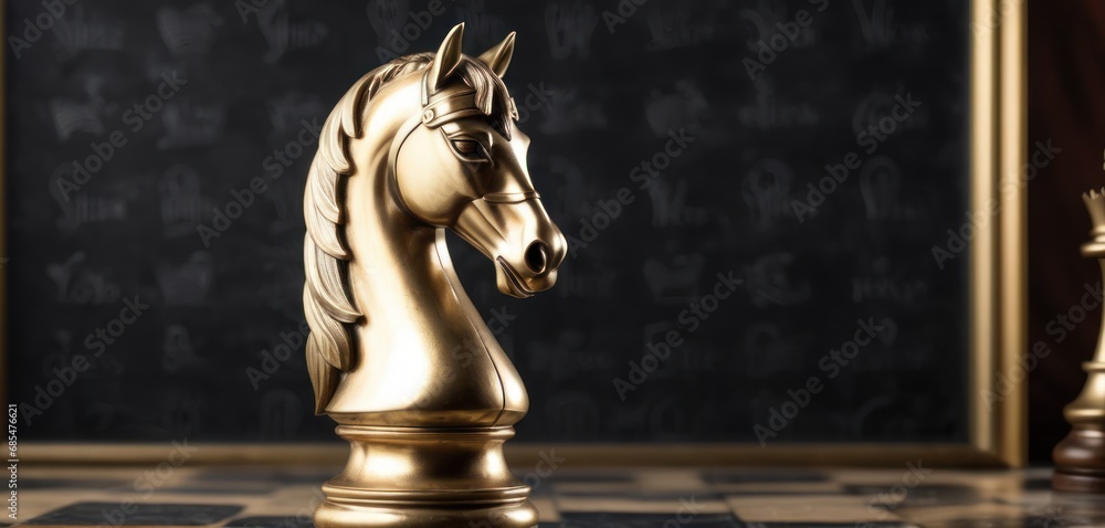 Poster a golden statue of a horse on a checkered tile floor in front of a blackboard with writing on it and