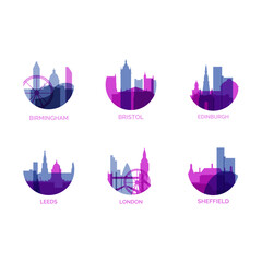 Naklejka premium United Kingdom cities logo and icon set. Vector graphic collection for UK Birmingham, Bristol, Edinburgh, Leeds, London, Sheffield
