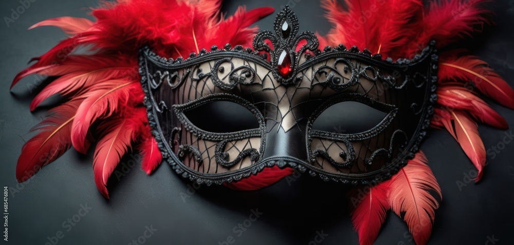 Poster a masquerade mask with red feathers on a dark background with copy space for your own text or image 